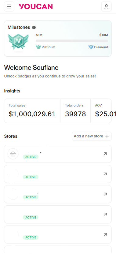YouCan Dashboard — $1M+ milestone hit today